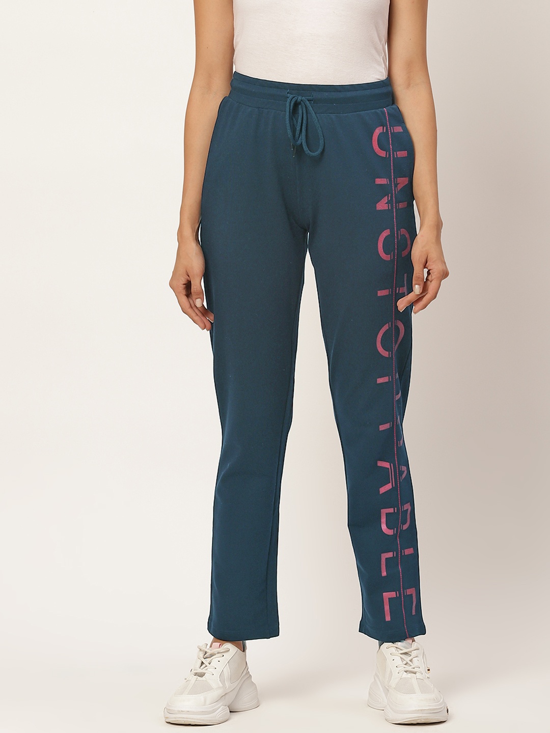

Madame Women Teal Blue Typography Printed Track Pants, Navy blue