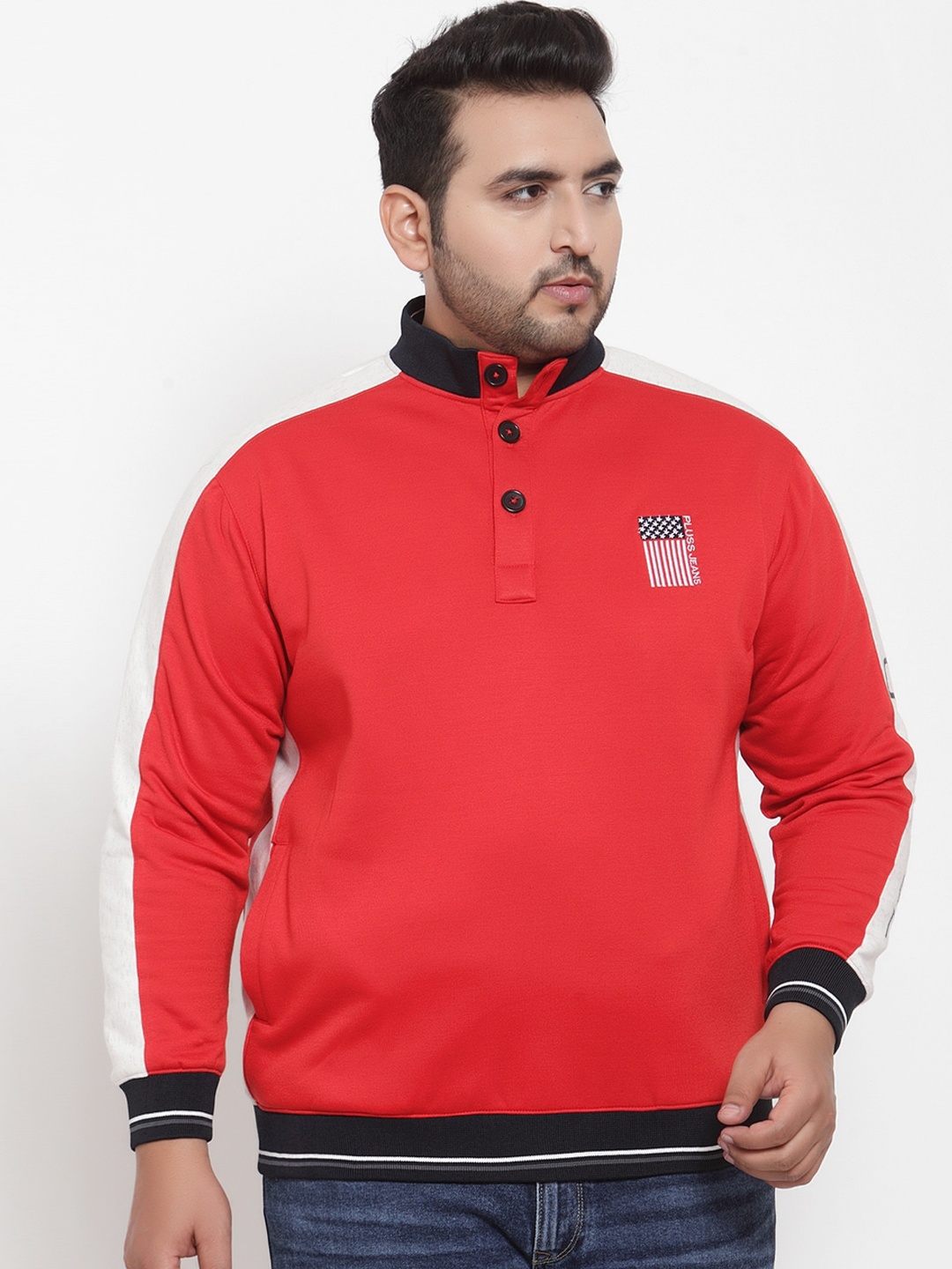 

plusS Men Red & White Solid Cotton Sweatshirt