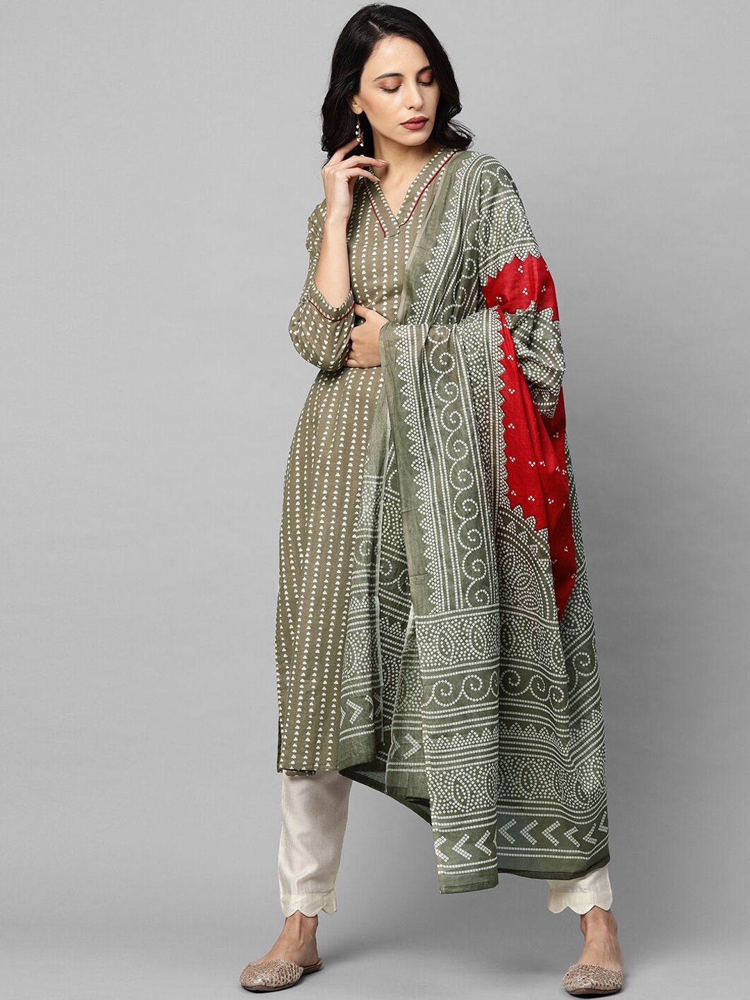 

FASHOR Women Olive Green Printed Kurta