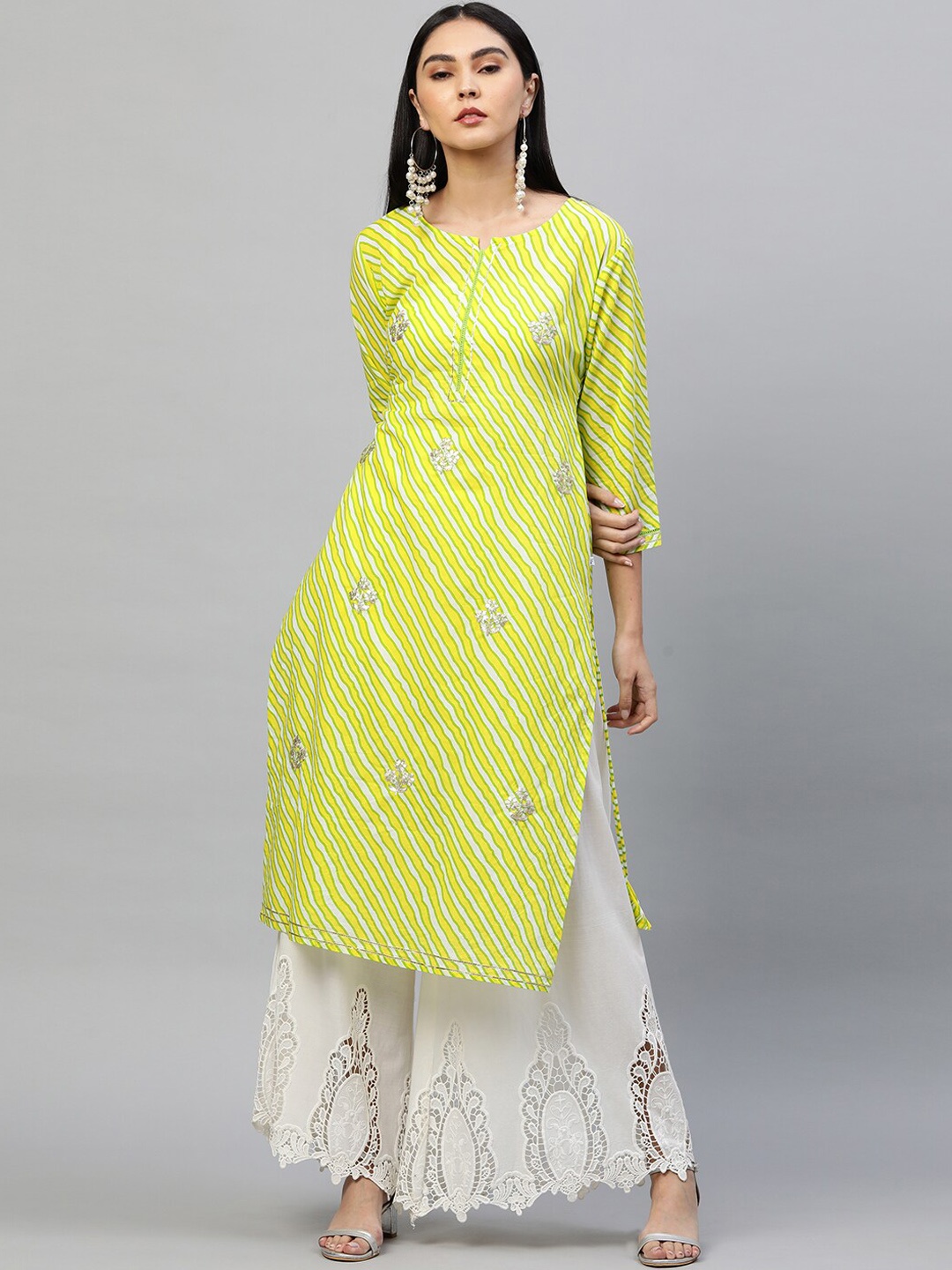 

FASHOR Women Green & Yellow Leheriya Printed Gotta Patti Cotton Kurta