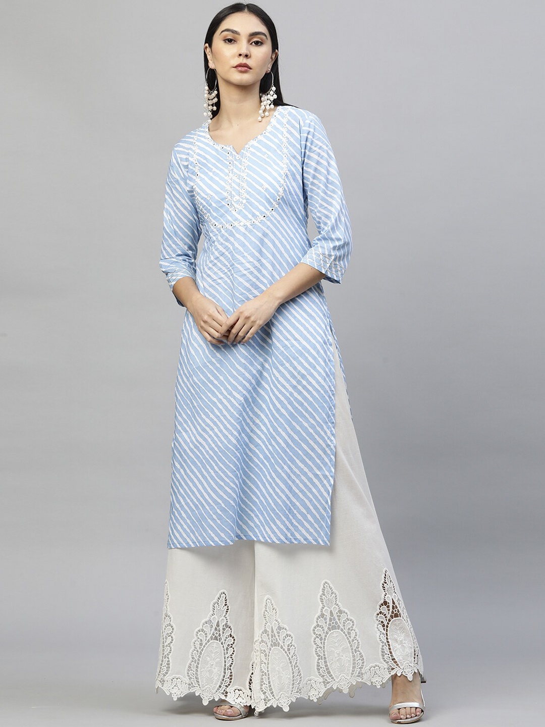 

FASHOR Women Blue Striped Gotta Patti Kurta