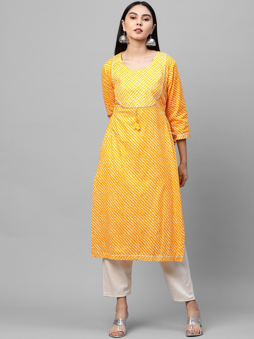 

FASHOR Women Yellow Striped Cotton Printed & Gota Embroidered Kurta