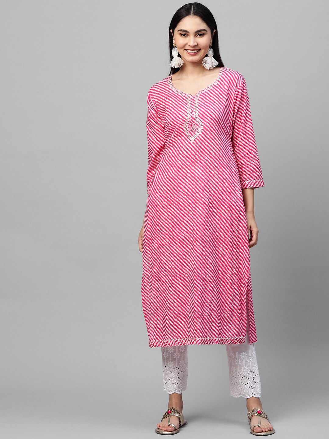 

FASHOR Women Pink & White Printed Pathani Kurta