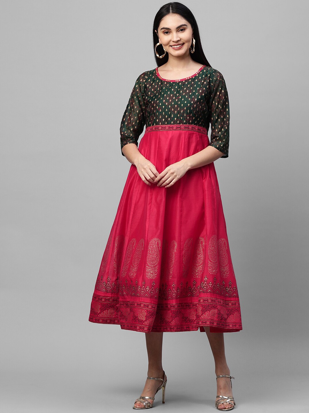 

FASHOR Pink Ethnic Motifs Foil Printed Midi Dress