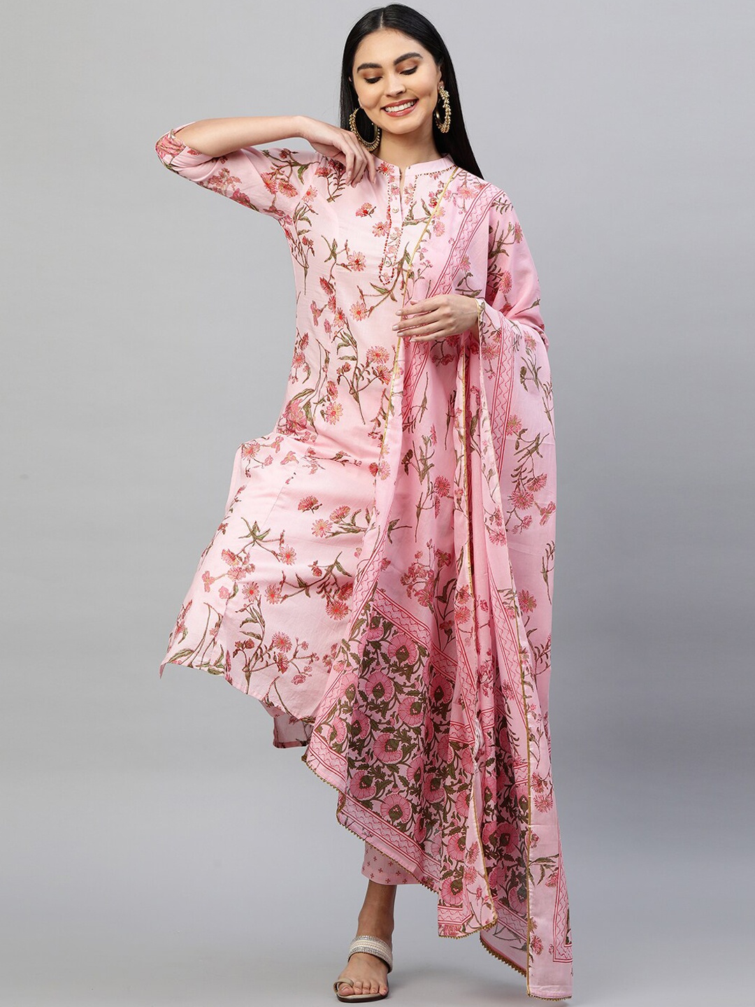 

FASHOR Women Pink Floral Printed Regular Pure Cotton Kurta with Trousers & Dupatta