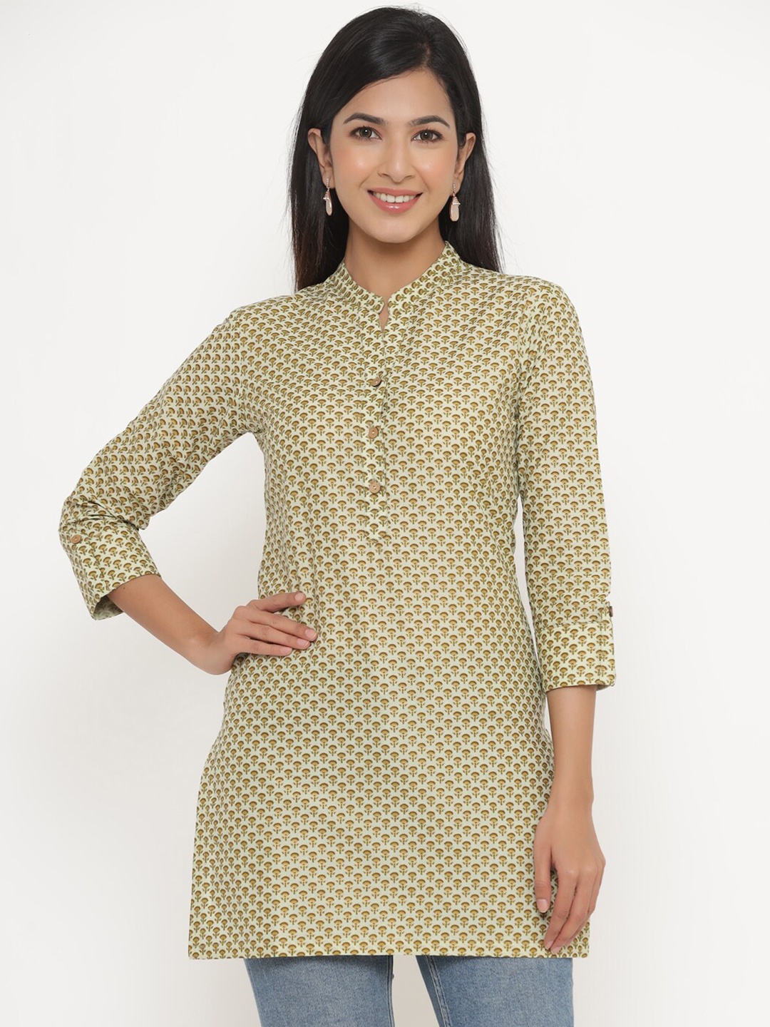 

Aprique FAB Women Green & Mustard Floral Printed Pure Cotton Straight Kurti