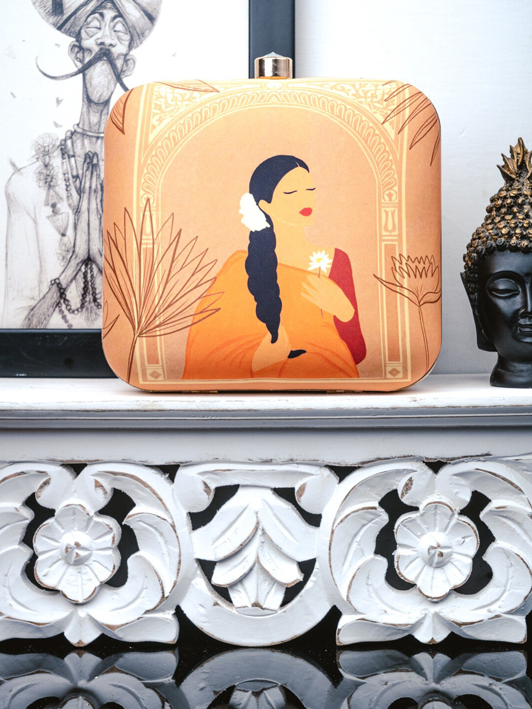 

NR By Nidhi Rathi Beige & Orange Printed Box Clutch