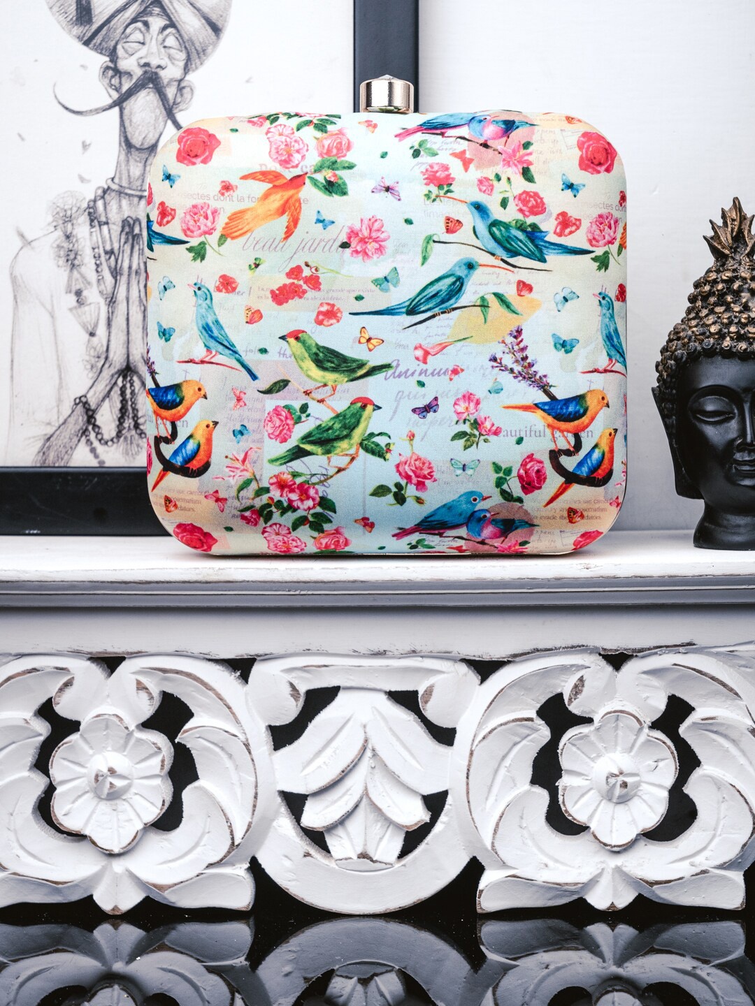 

NR By Nidhi Rathi Blue & Pink Printed Box Clutch