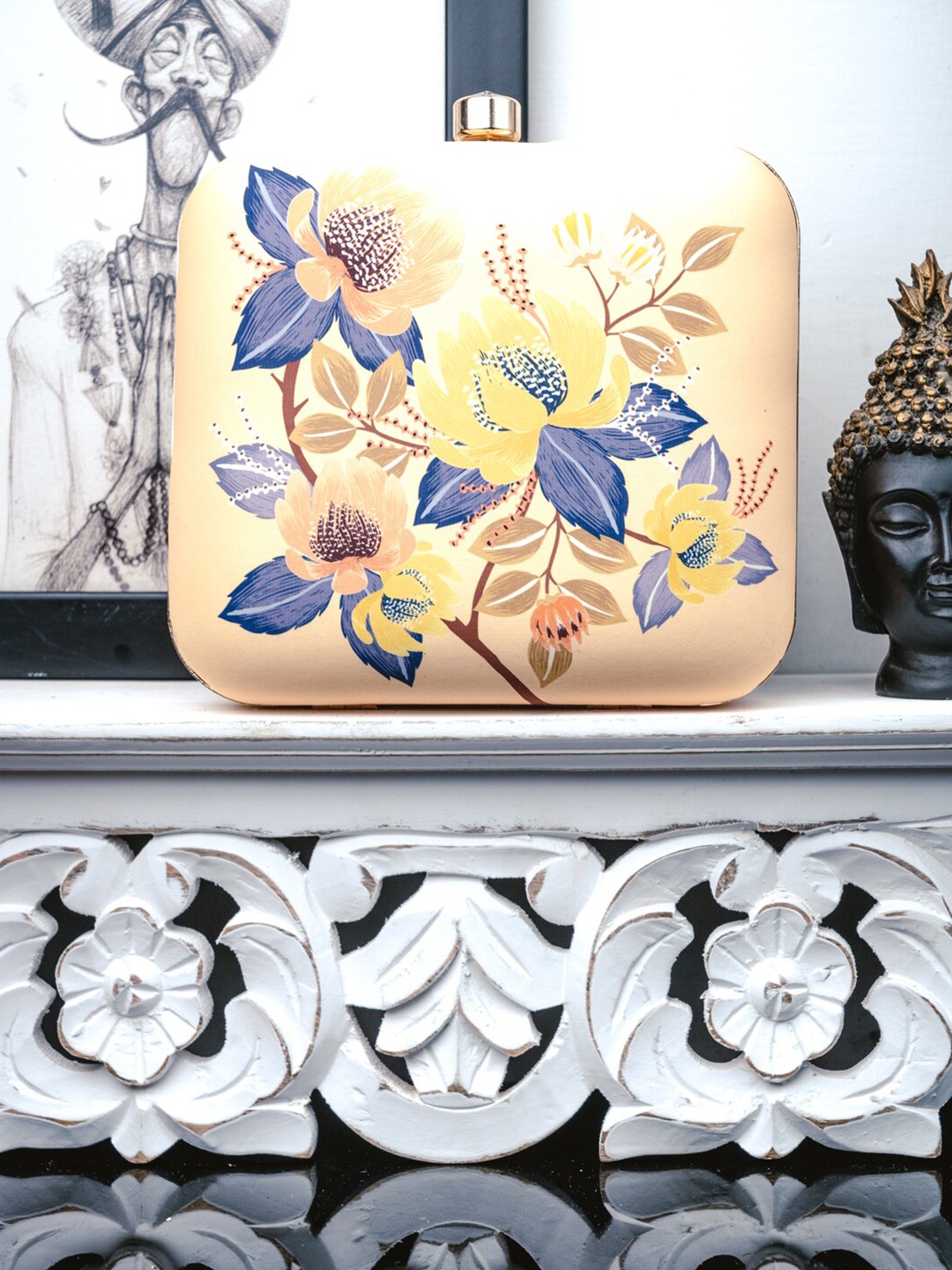

NR By Nidhi Rathi Beige & Blue Floral Printed Box Clutch
