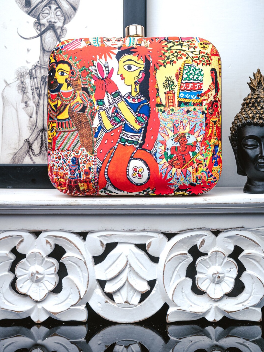

NR By Nidhi Rathi Red & Blue Madhubani Printed Box Clutch