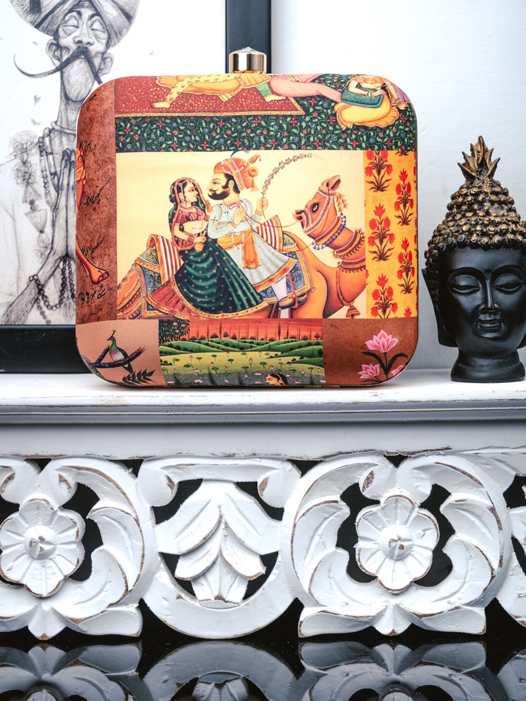 

NR By Nidhi Rathi Brown & Yellow Printed Box Clutch