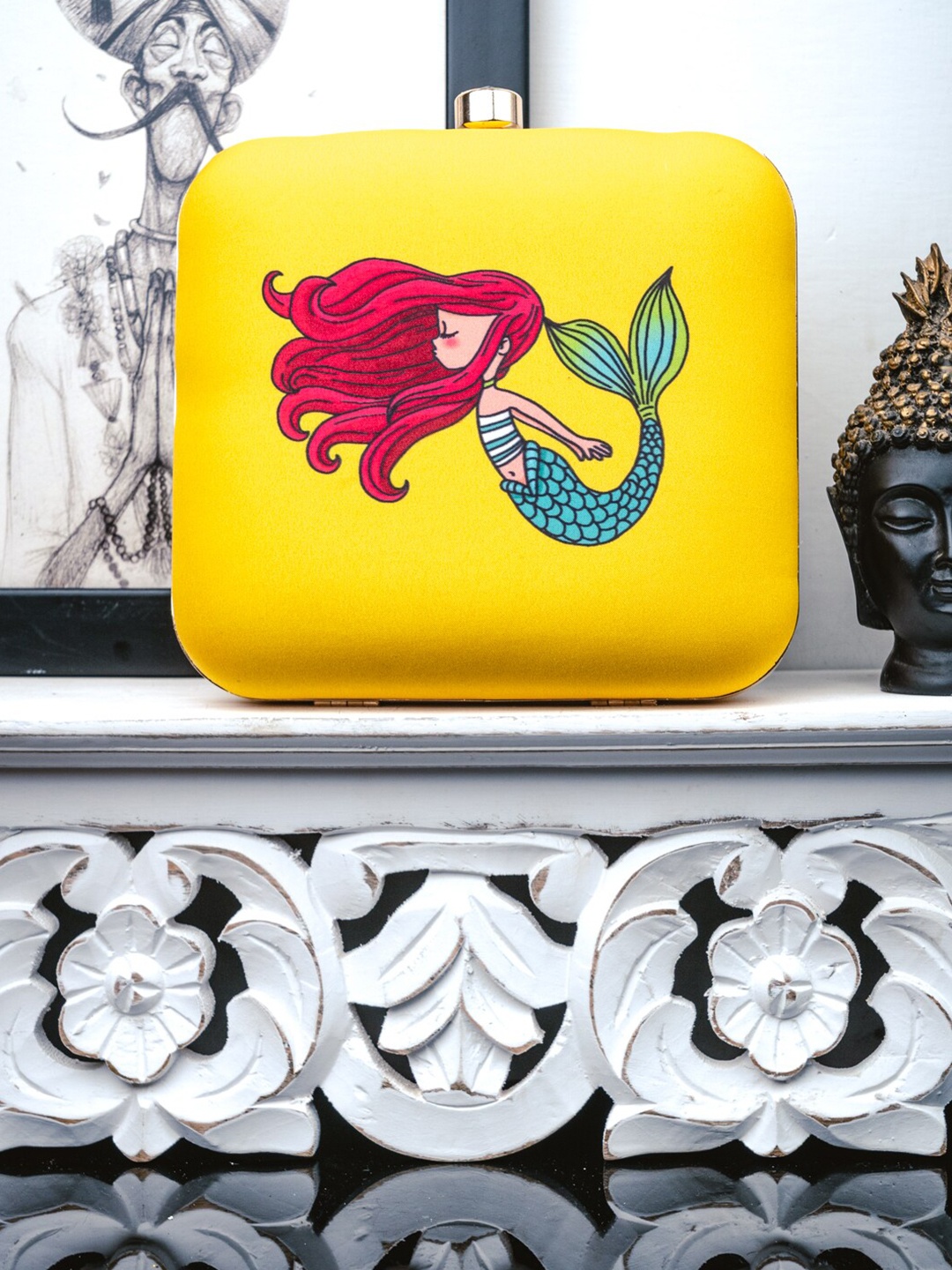 

NR By Nidhi Rathi Yellow & Red Mermaid Printed Box Clutch