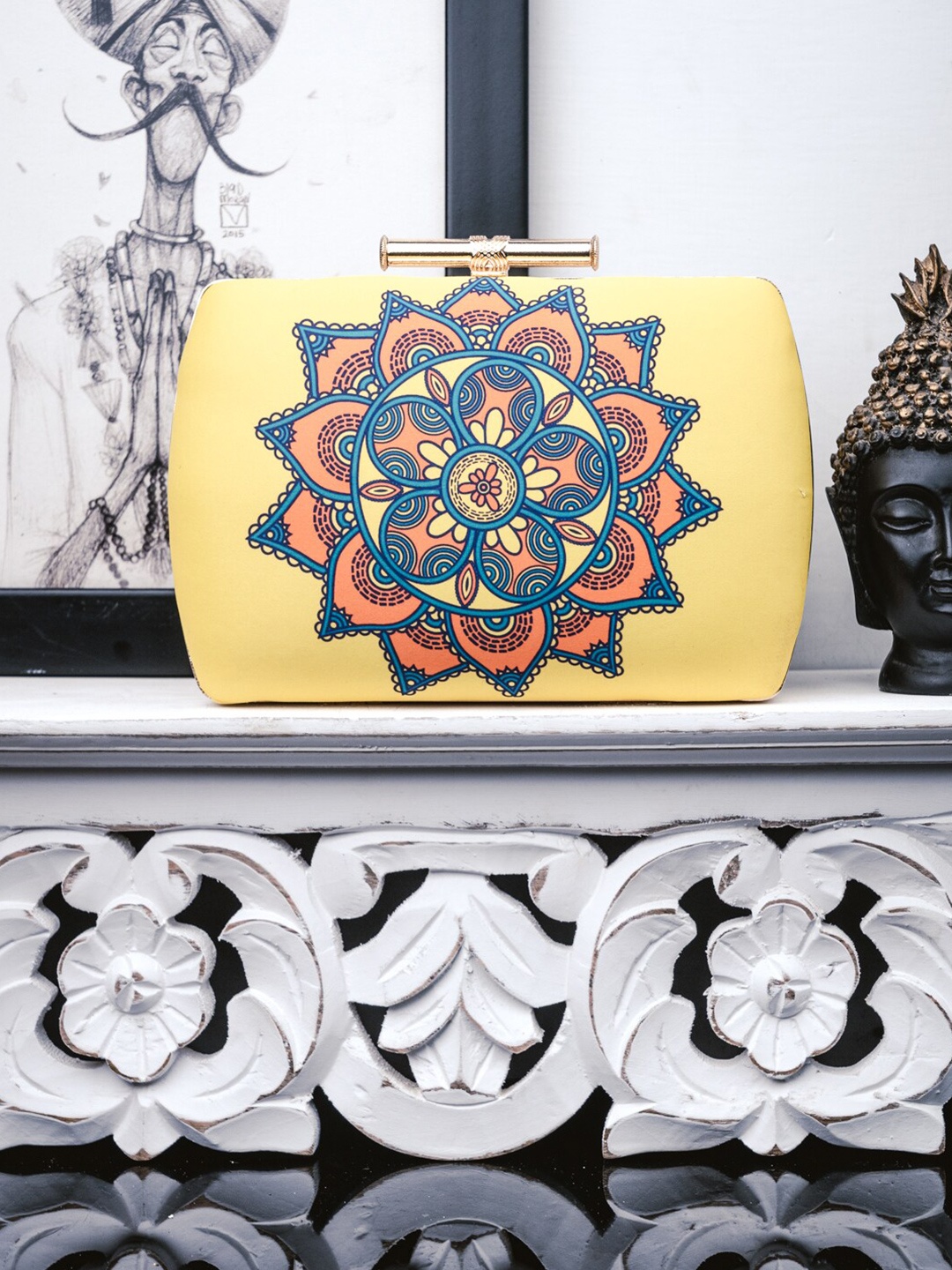 

NR By Nidhi Rathi Peach-Coloured & Blue Printed Box Clutch