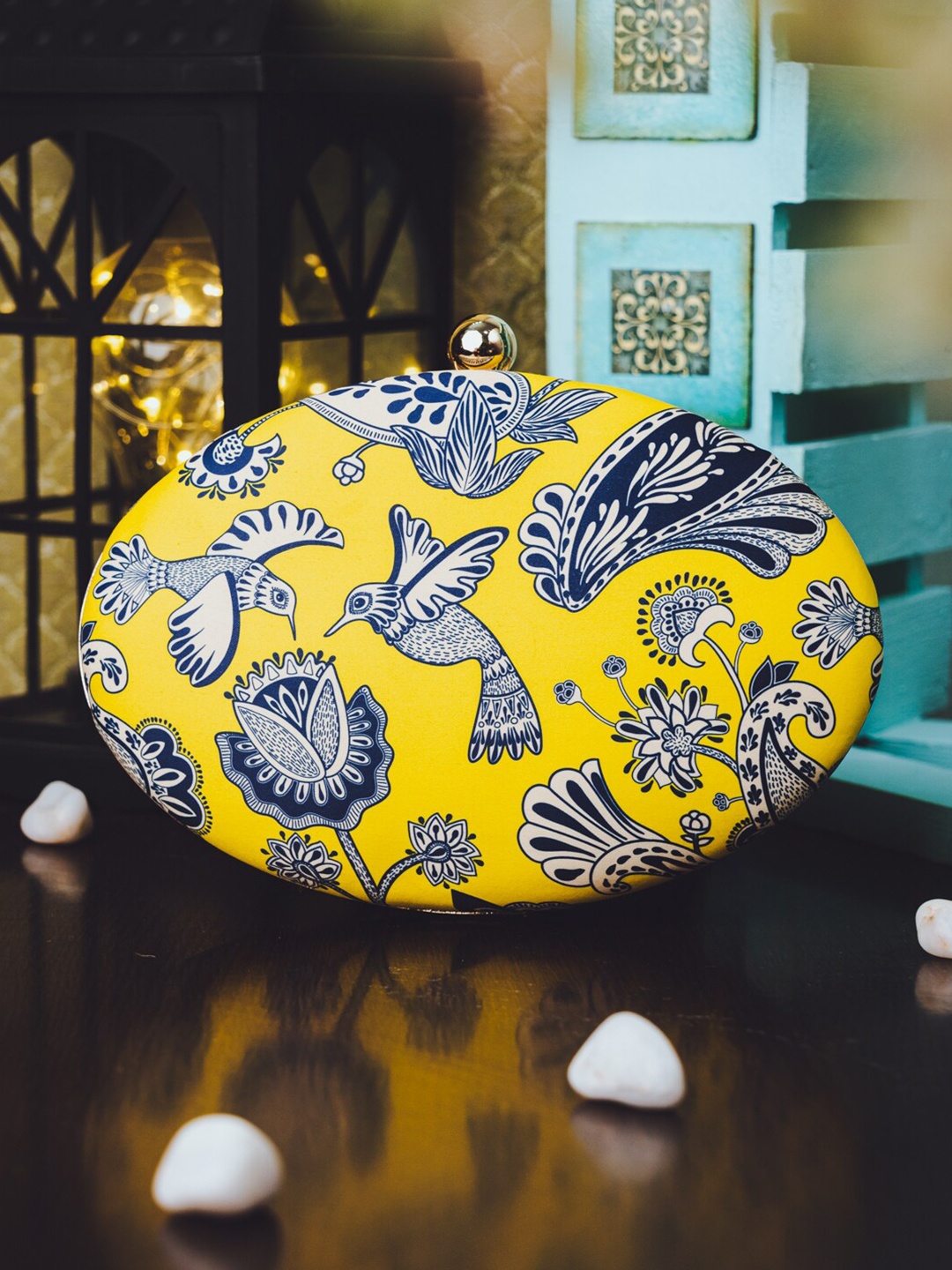 

NR By Nidhi Rathi Yellow & Blue Printed Box Clutch