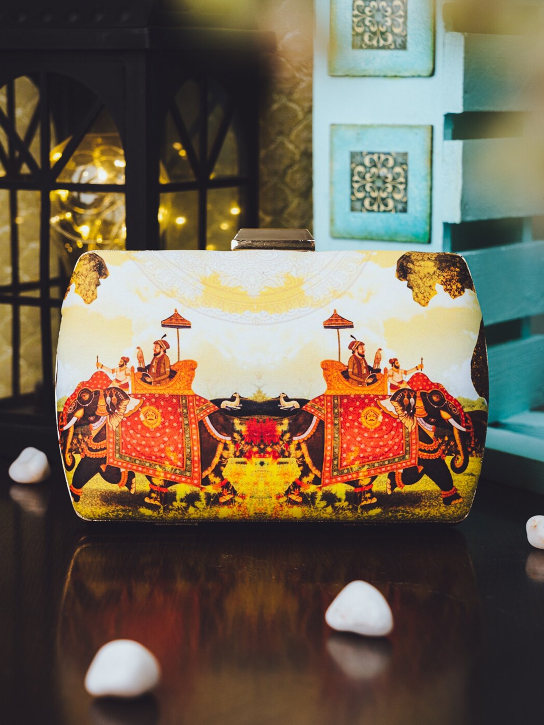 

NR By Nidhi Rathi Peach-Coloured & White Printed Box Clutch