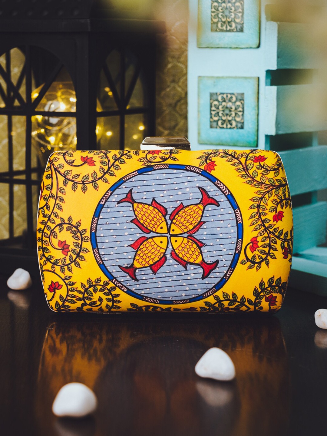 

NR By Nidhi Rathi Yellow & Blue Fish Mandala Printed Box Clutch