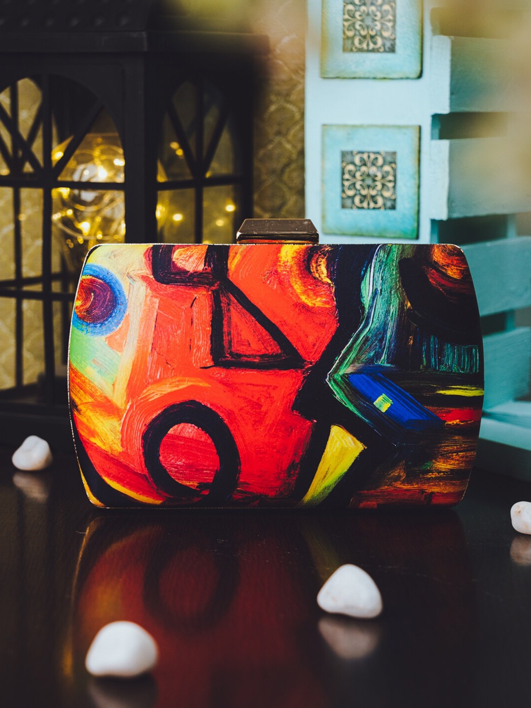 

NR By Nidhi Rathi Red & Orange Printed Box Clutch
