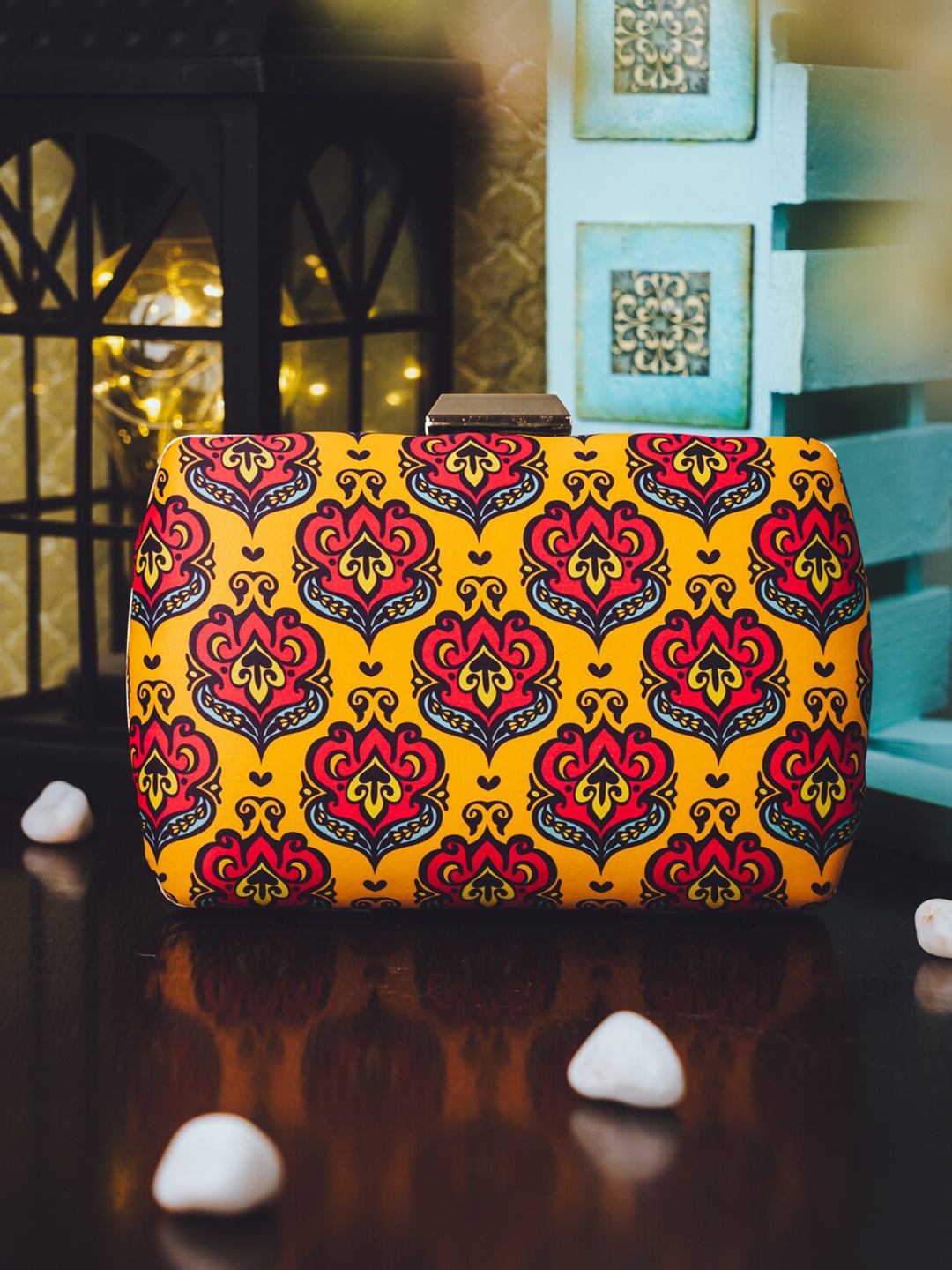 

NR By Nidhi Rathi Mustard & Pink Batik Printed Box Clutch