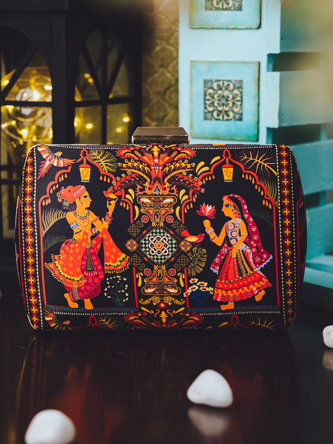 

NR By Nidhi Rathi Peach-Coloured & Yellow Printed Box Clutch
