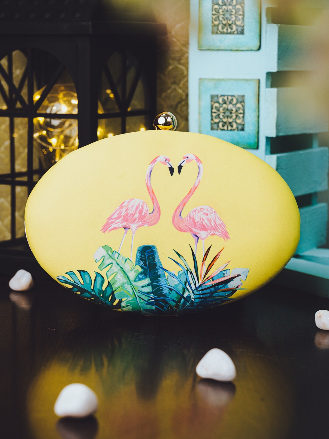 

NR By Nidhi Rathi Peach-Coloured & Blue Printed Embellished Box Clutch