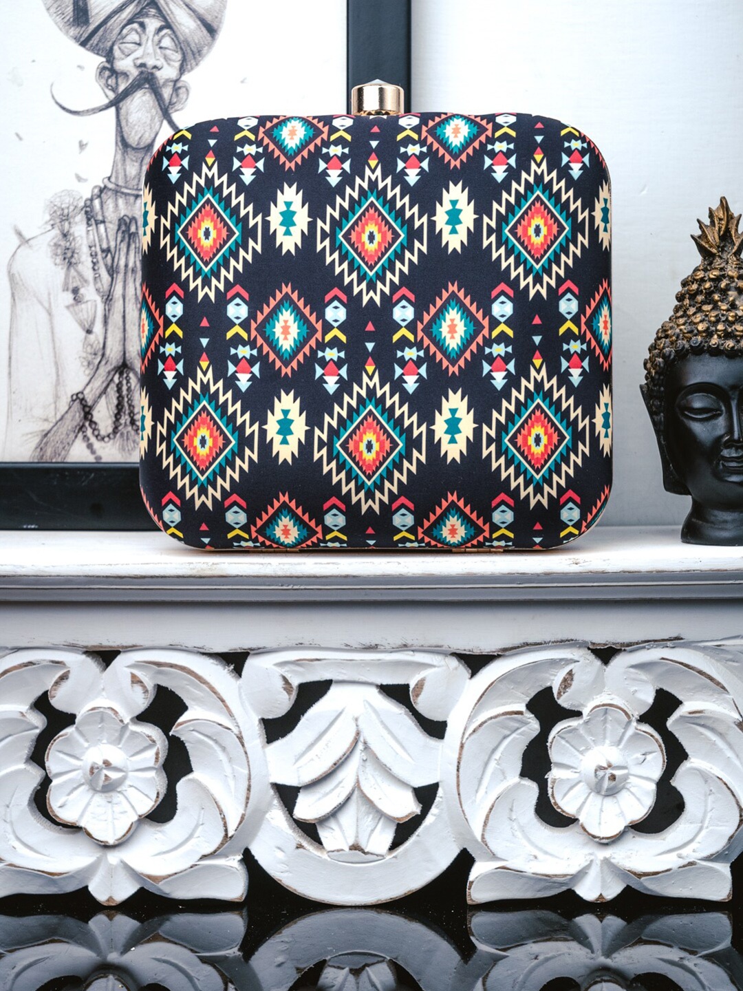 

NR By Nidhi Rathi Black & Blue Ikat Printed Box Clutch