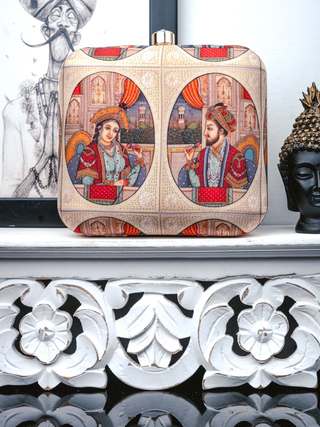 

NR By Nidhi Rathi Red Mughal Printed Box Clutch