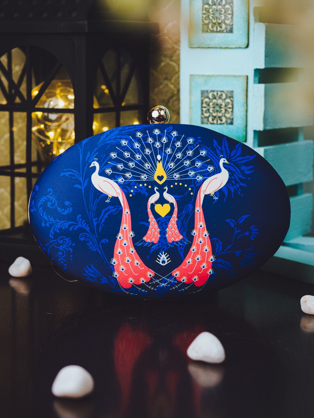 

NR By Nidhi Rathi Blue & White Peacock Printed Box Clutch