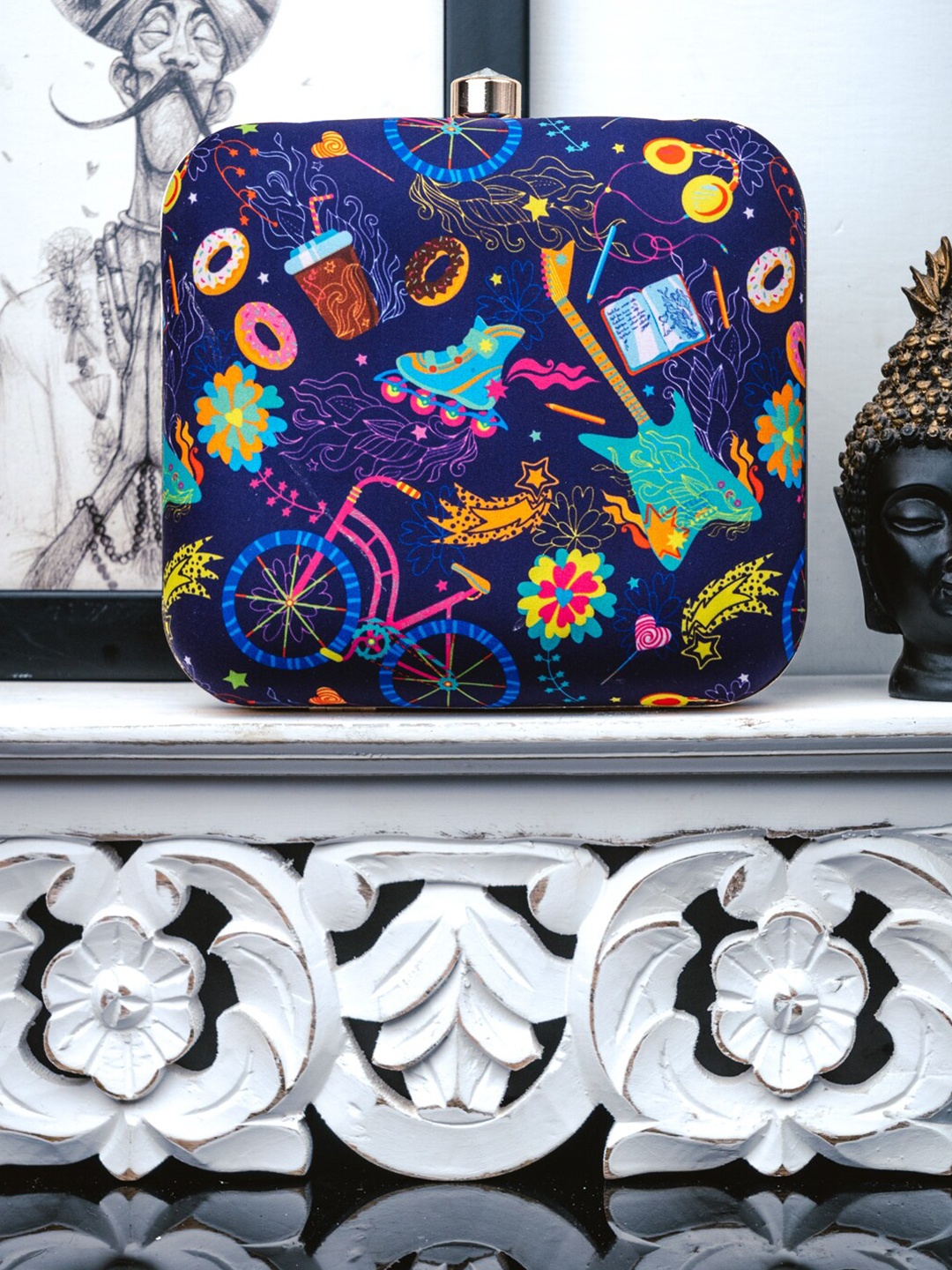 

NR By Nidhi Rathi Blue & Yellow Printed Box Clutch