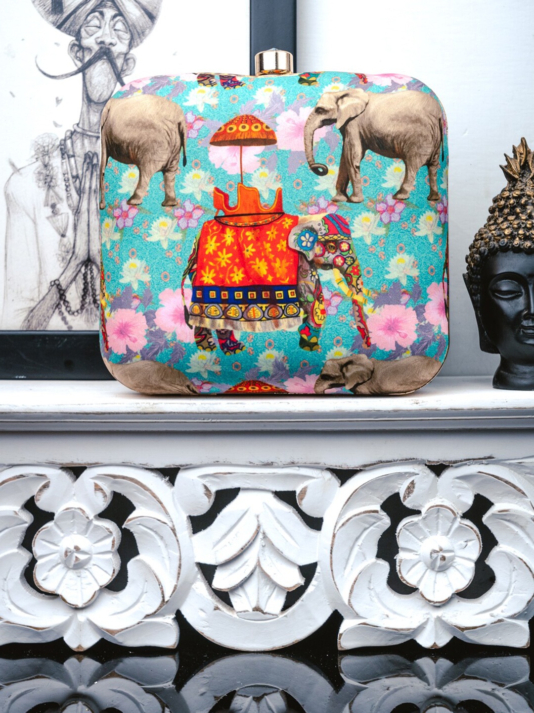 

NR By Nidhi Rathi Turquoise Blue & Orange Printed Box Clutch