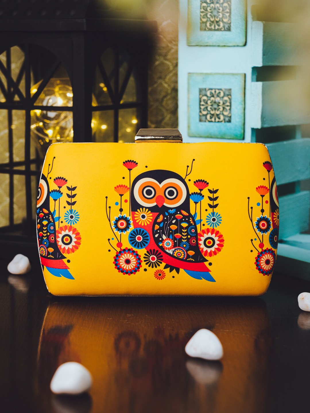 

NR By Nidhi Rathi Yellow & Peach-Coloured Paisley Owl Printed Box Clutch