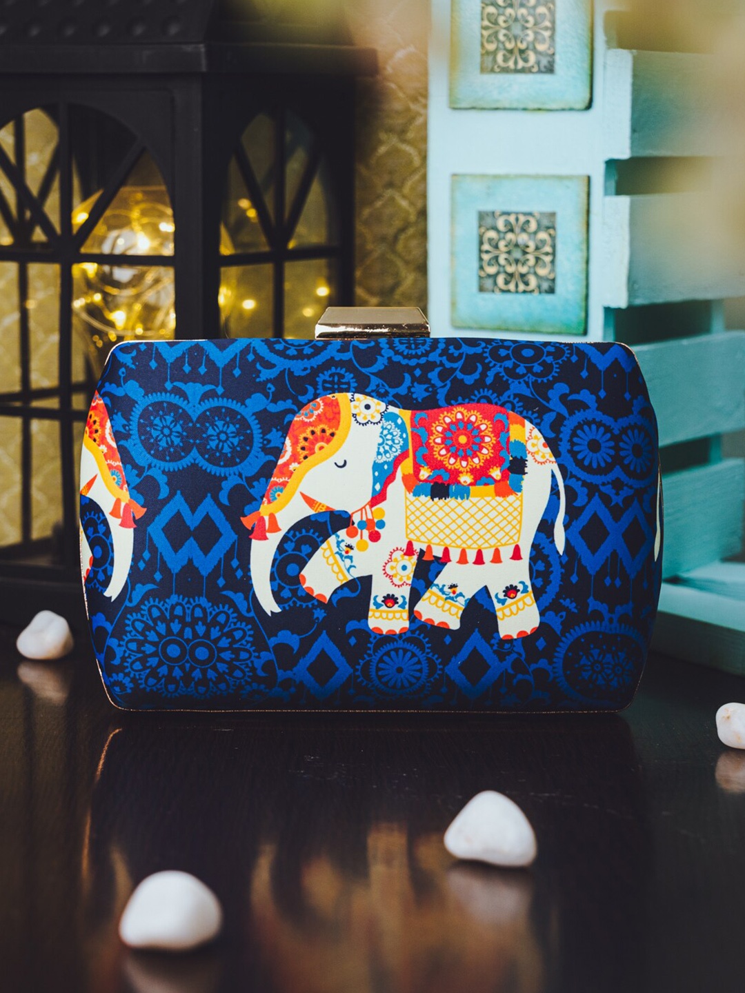 

NR By Nidhi Rathi Peach-Coloured & Blue Elephant Printed Embellished Box Clutch