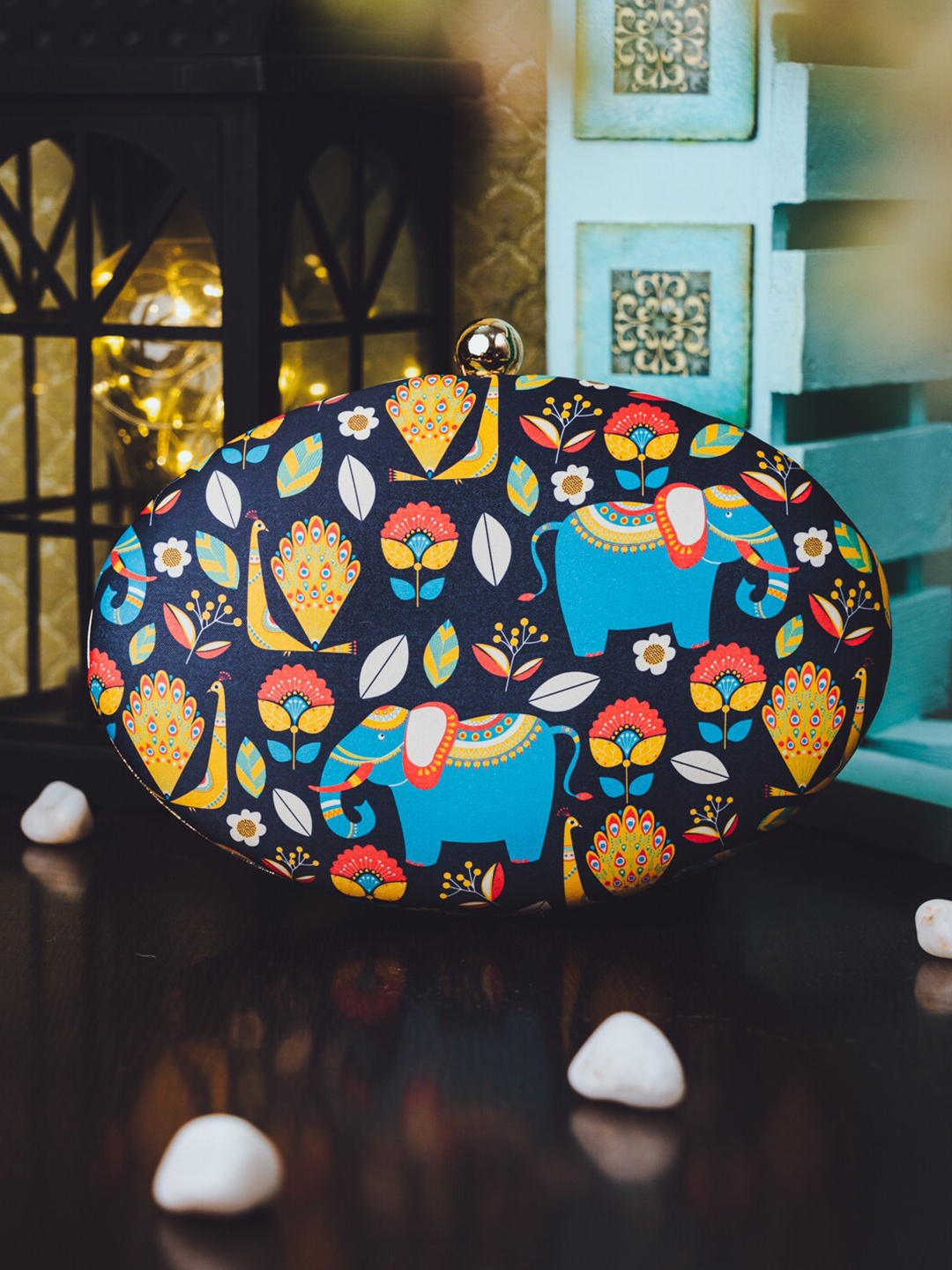 

NR By Nidhi Rathi Peach-Coloured & Yellow Printed Box Clutch