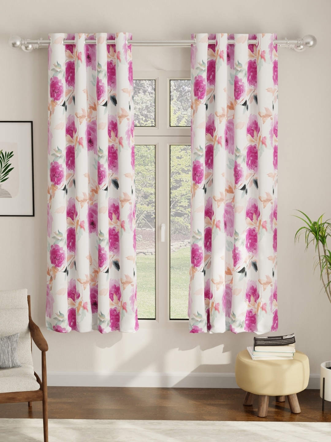 

URBAN SPACE Pink & Orange Set of 2 Floral Window Curtain