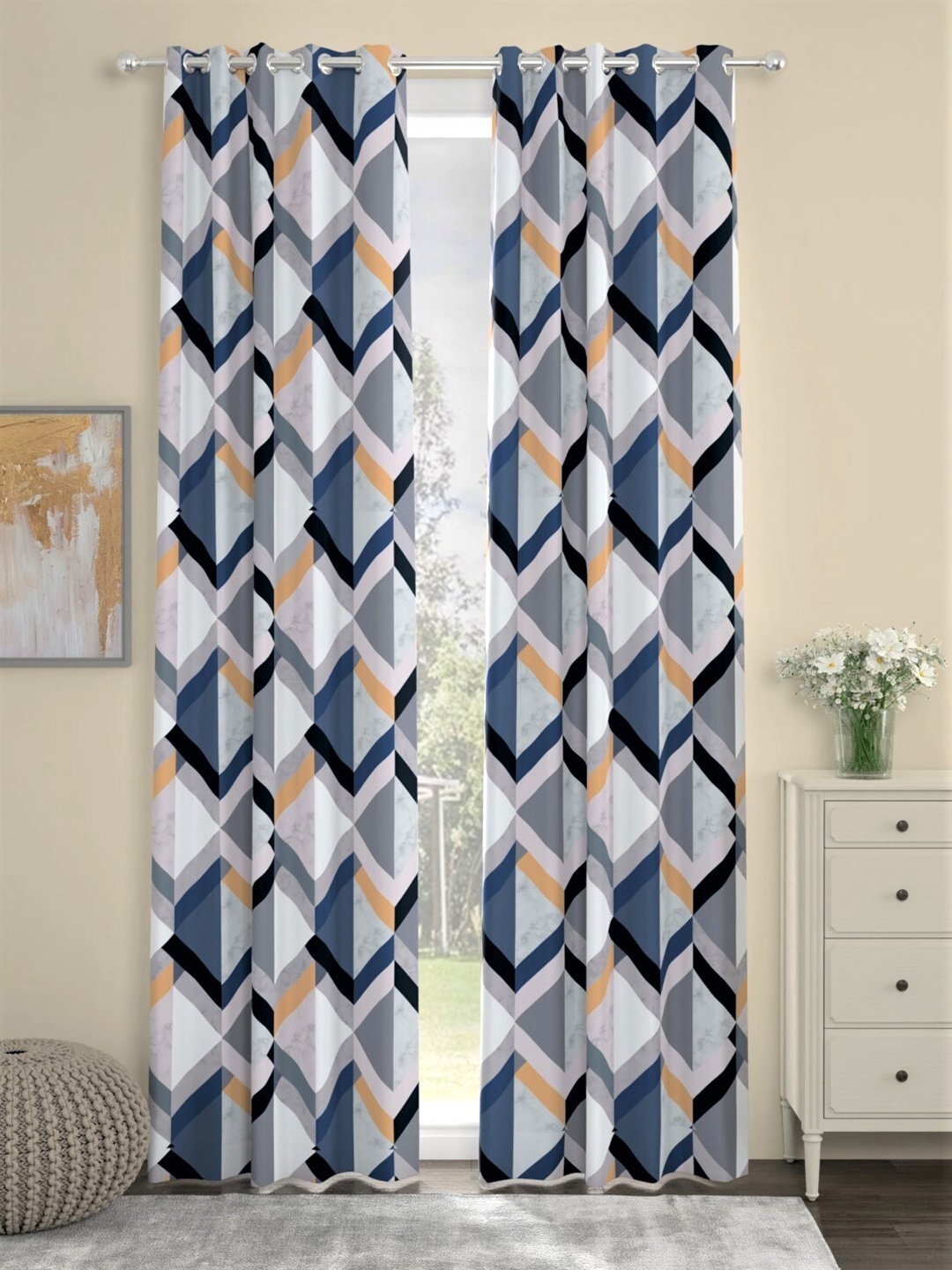 

URBAN SPACE Pack Of 2 Blue & Grey Geometric Printed Long Door Curtains, Navy blue