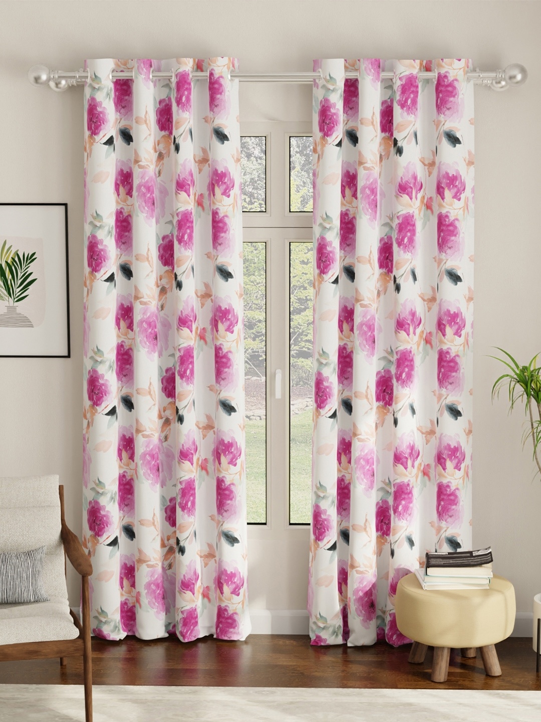 URBAN SPACE Set of 2 Pink Floral Long Door Curtains
