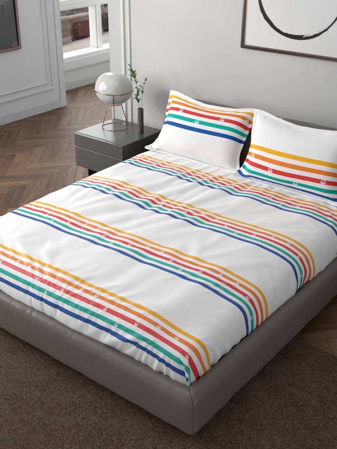 

United Colors of Benetton White & Multicoloured Striped 180 TC King Bedsheet with 2 Pillow Covers