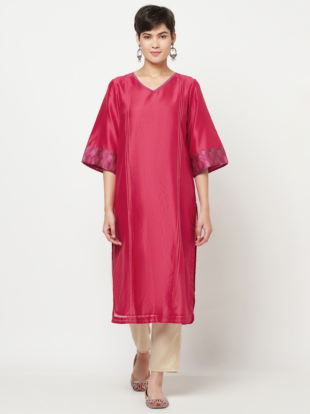 

Fabindia Women Fuchsia Pink Solid Flared Sleeves Festive Straight Kurta