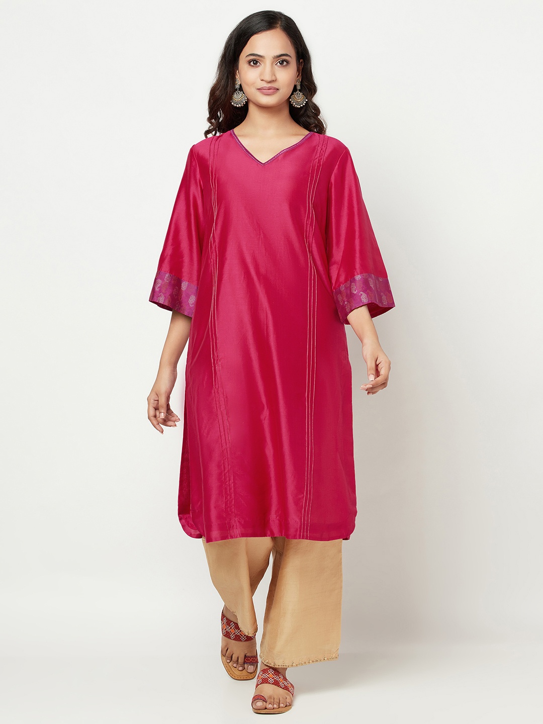 

Fabindia Women Fuchsia Pink Solid Flared Sleeves Festive Straight Kurta