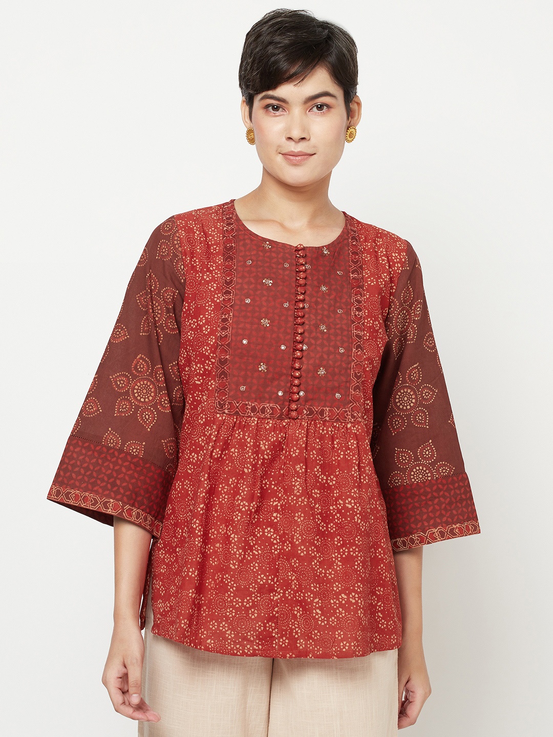 

Fabindia Red Cotton Ethnic Hand Block Print A-Line Top