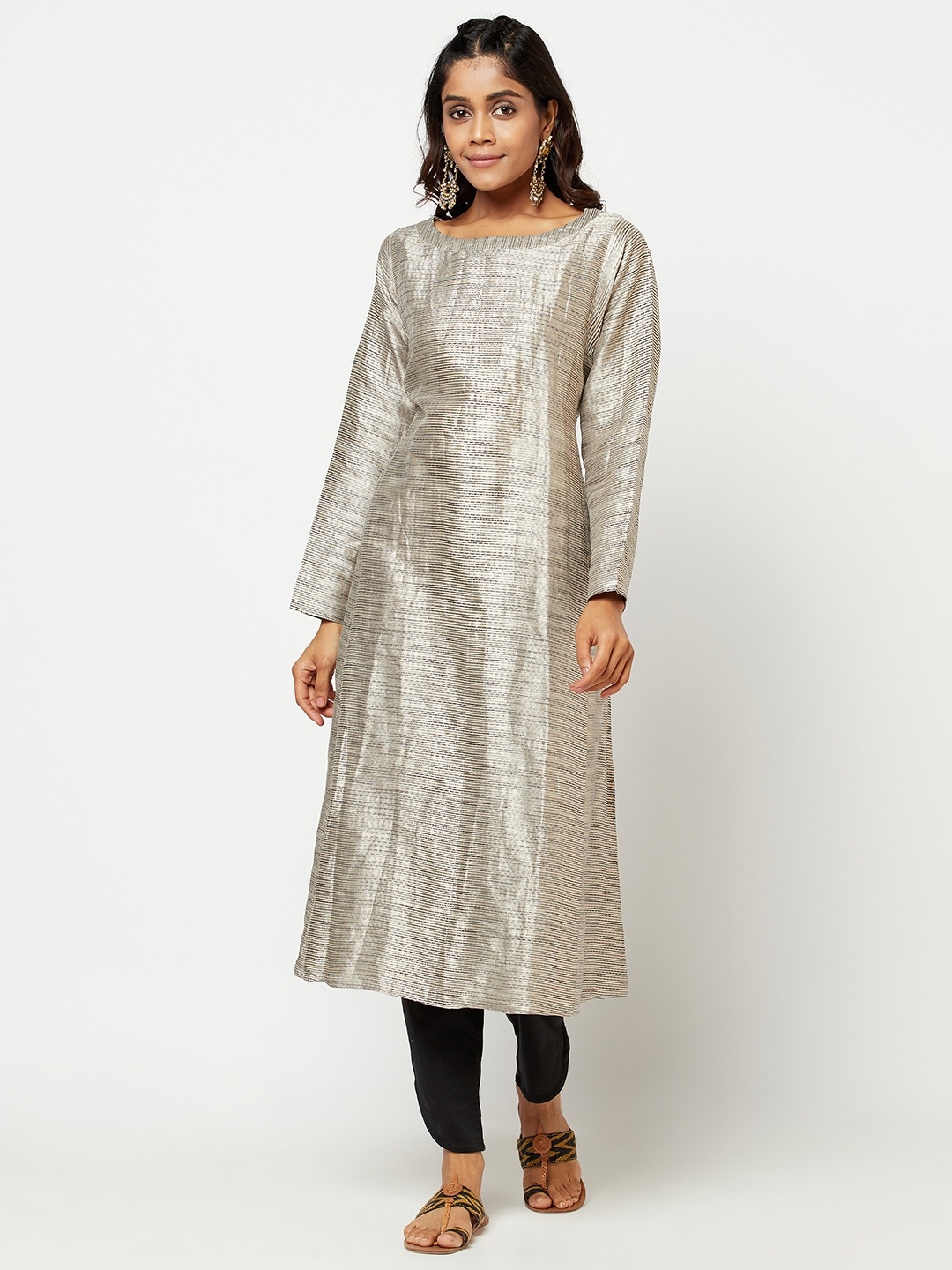 

Fabindia Women Off White & Grey Striped Kurta