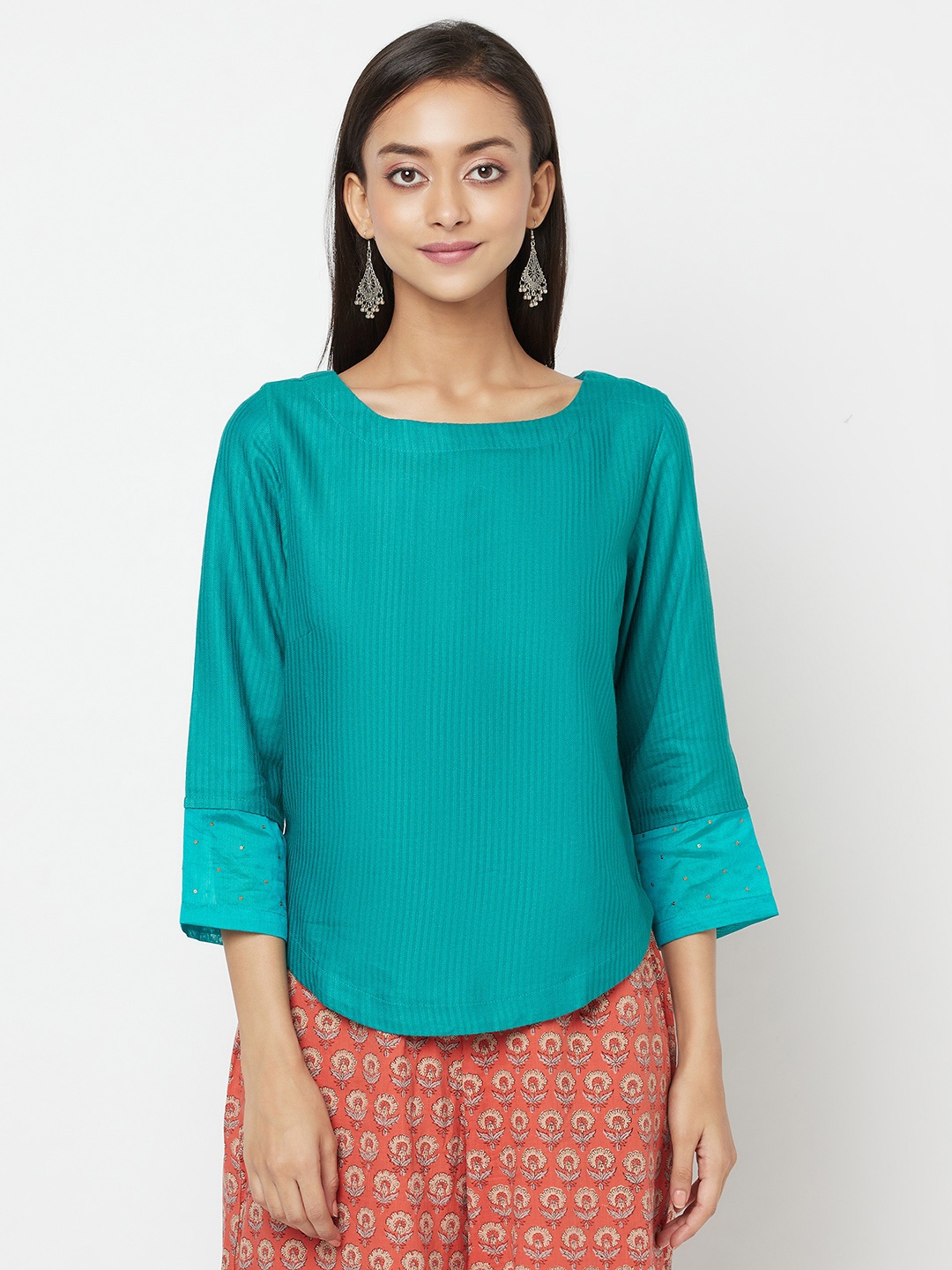 

Fabindia Blue Striped Sequinned Detail Regular Top