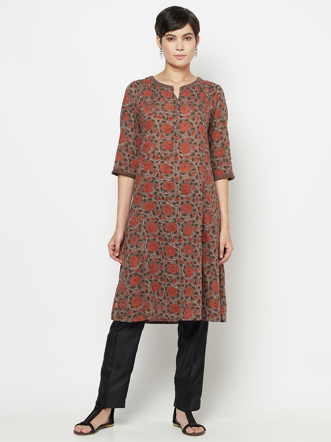 

Fabindia Women Taupe & Rust Red Handblock Print Cotton Dobby Weave Straight Kurta