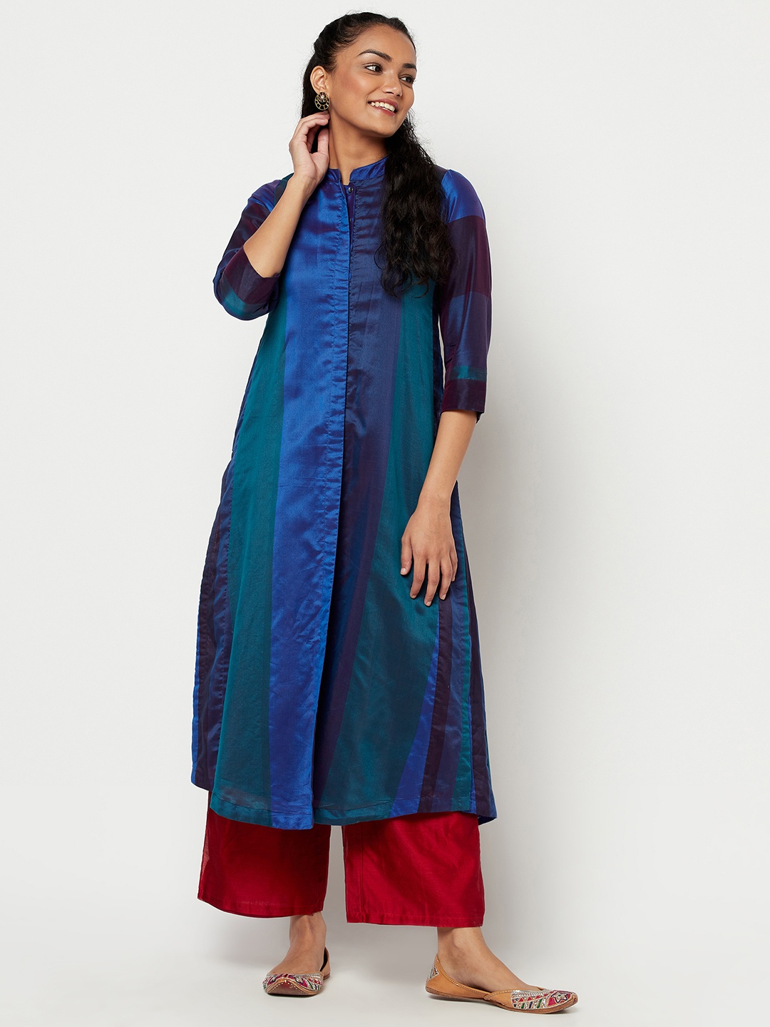 Fabindia Women Blue & Green Striped Kurta