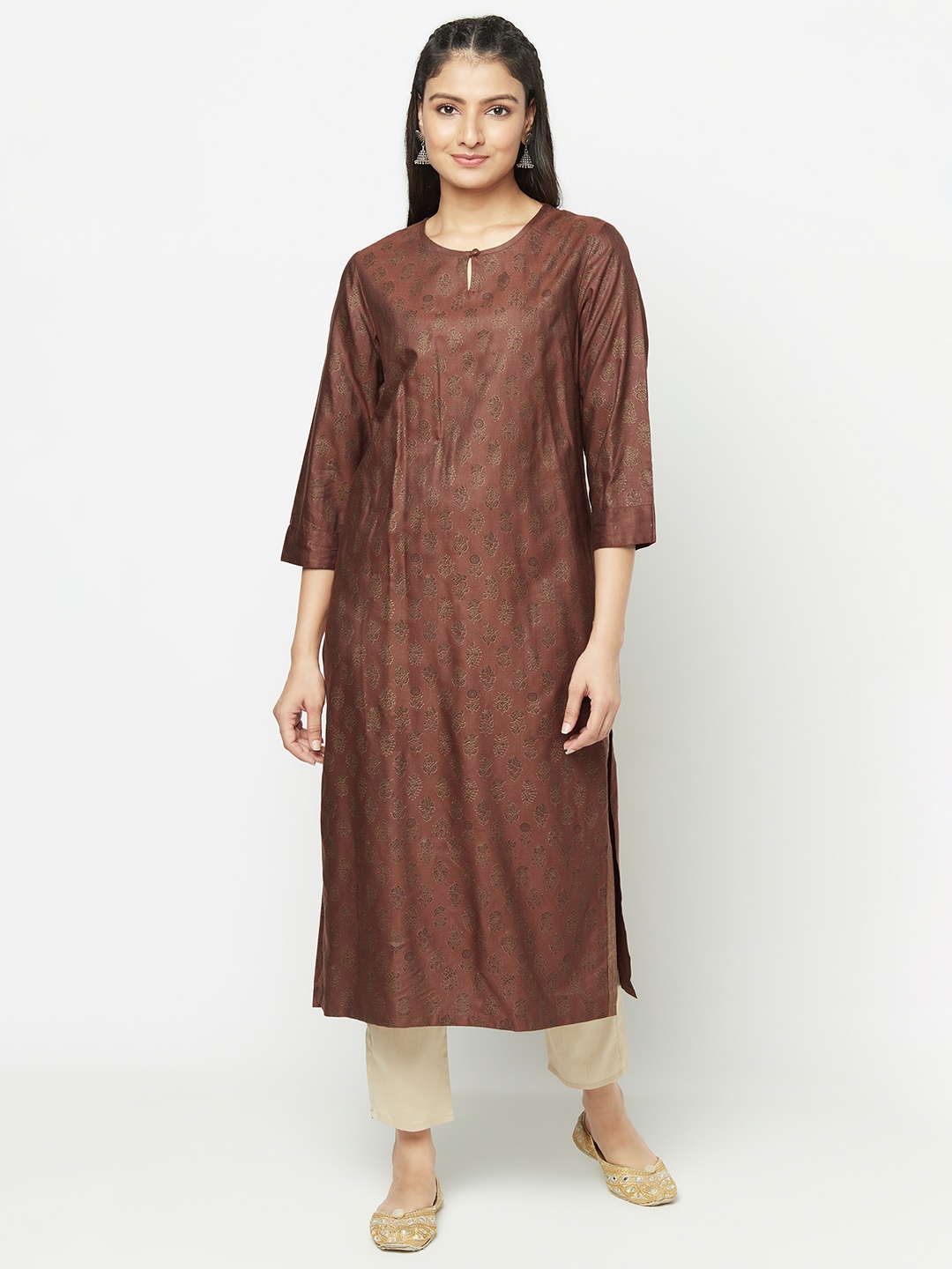 

Fabindia Women Coffee Brown & Golden Ethnic Motifs Printed Keyhole Neck Kurta