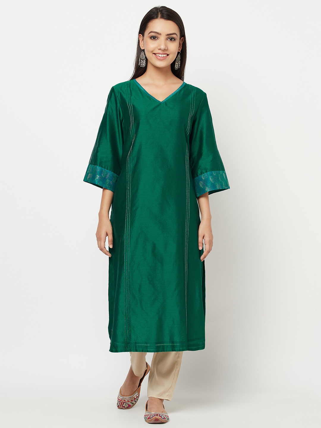 

Fabindia Women Green Solid Flared Sleeves Festive Straight Kurta