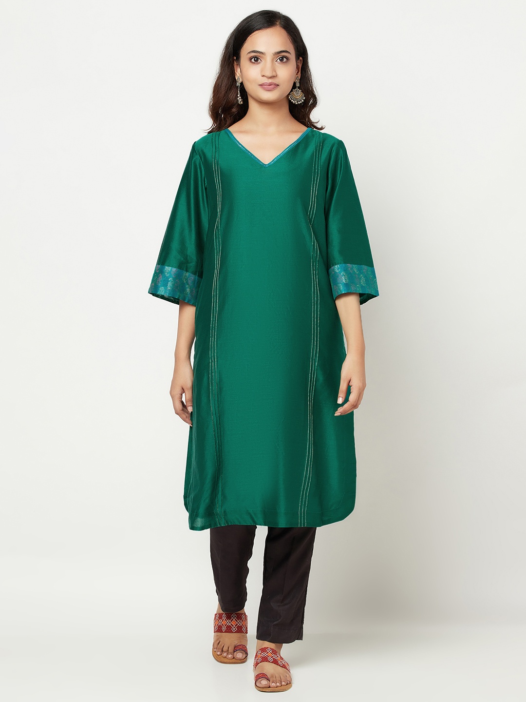 

Fabindia Women Green Solid Flared Sleeves Festive Straight Kurta