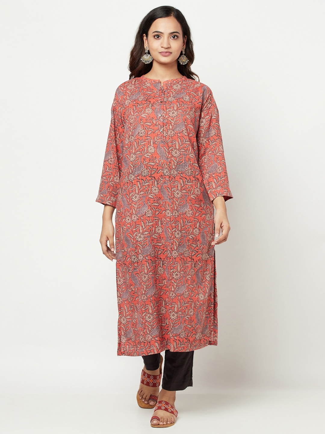 

Fabindia Women Rust Orange & Taupe Pure Cotton Ethnic Motifs Printed Dobby Kurta