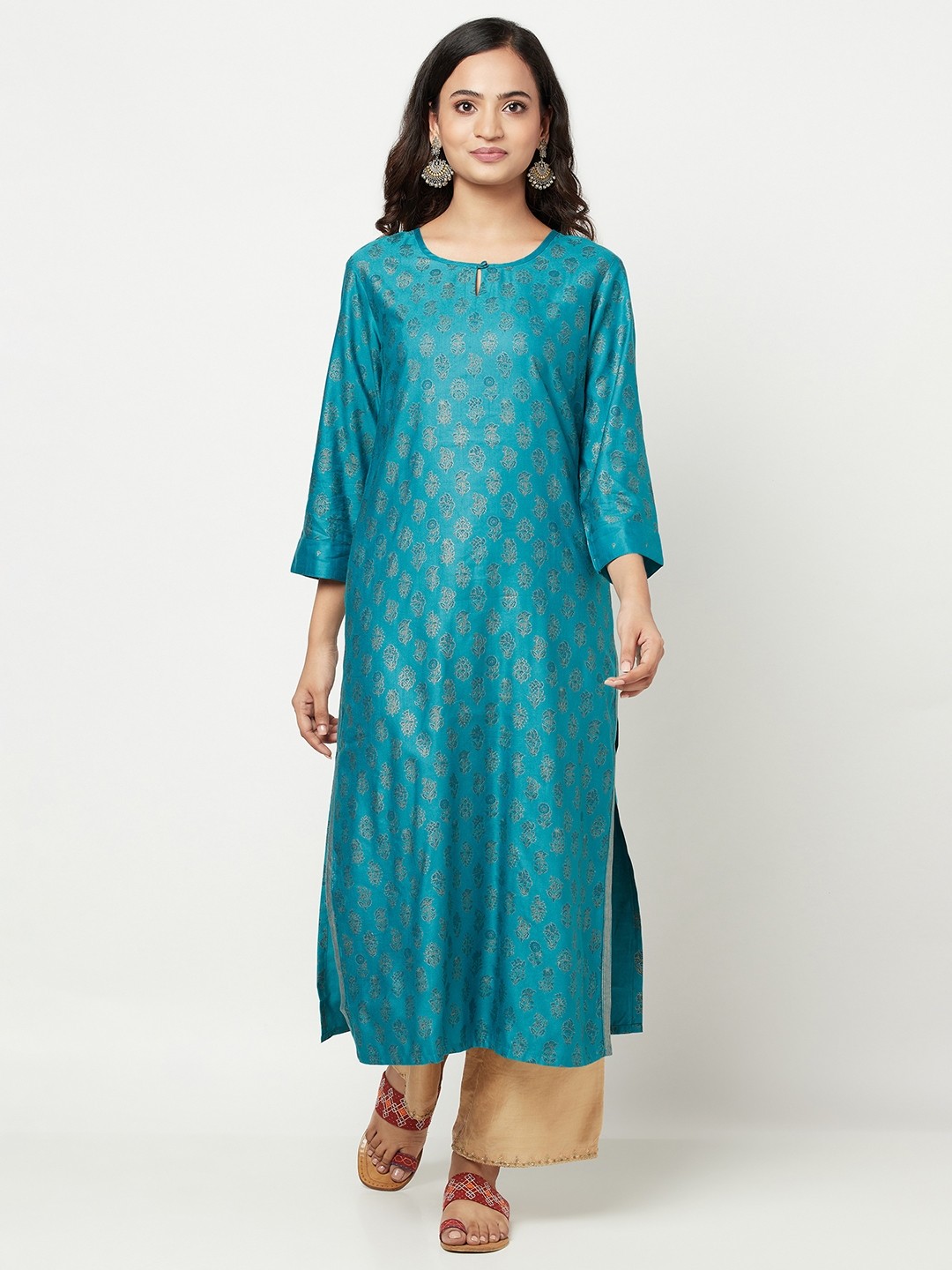 

Fabindia Women Teal Blue & Golden Ethnic Motifs Printed Keyhole Neck Kurta