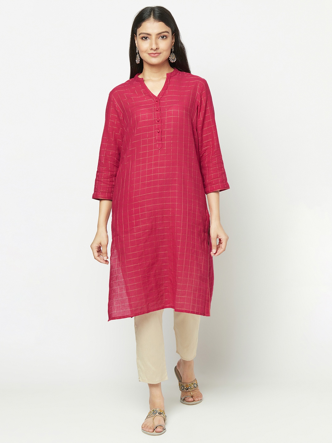 

Fabindia Women Fuchsia & Golden Checked Straight Kurta