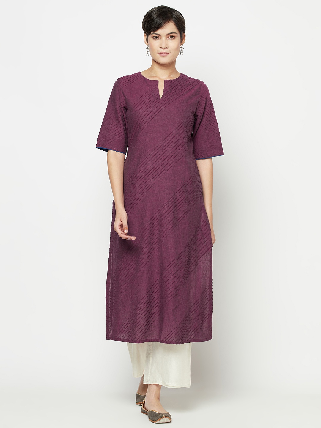 

Fabindia Women Burgundy Slim Fit Cotton Pin Tucks Striped Straight Kurta